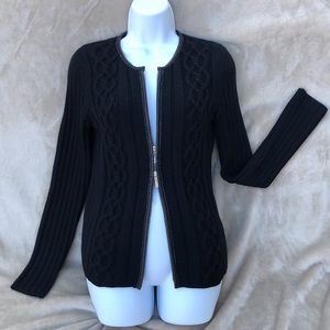 TORY BURCH Leather Trimmed Wool Cardigan with Full Zip Front